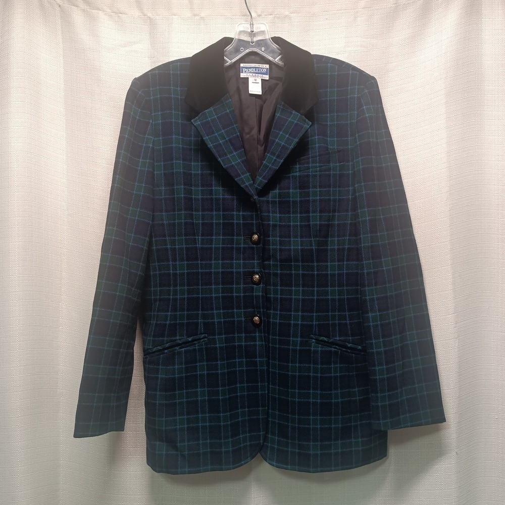 Vtg Pendleton Jacket Woman 12‎ Tartan Plaid Wool Velvet Collar USA Made Blazer